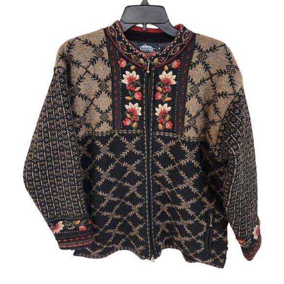 Icelandic Design Sweaters - Icelandic Design Vintage Sweater Jacket Womens Med Full Zip Wool Pockets Floral